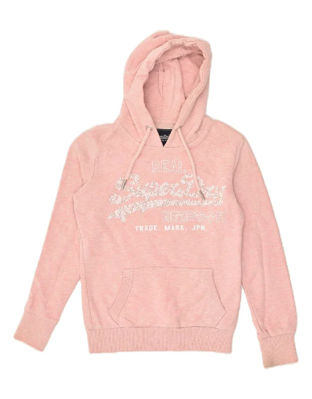 SUPERDRY Womens Graphic Hoodie Jumper UK 8 Small Pink Cotton Hoodie with Stripes Bold Sporty