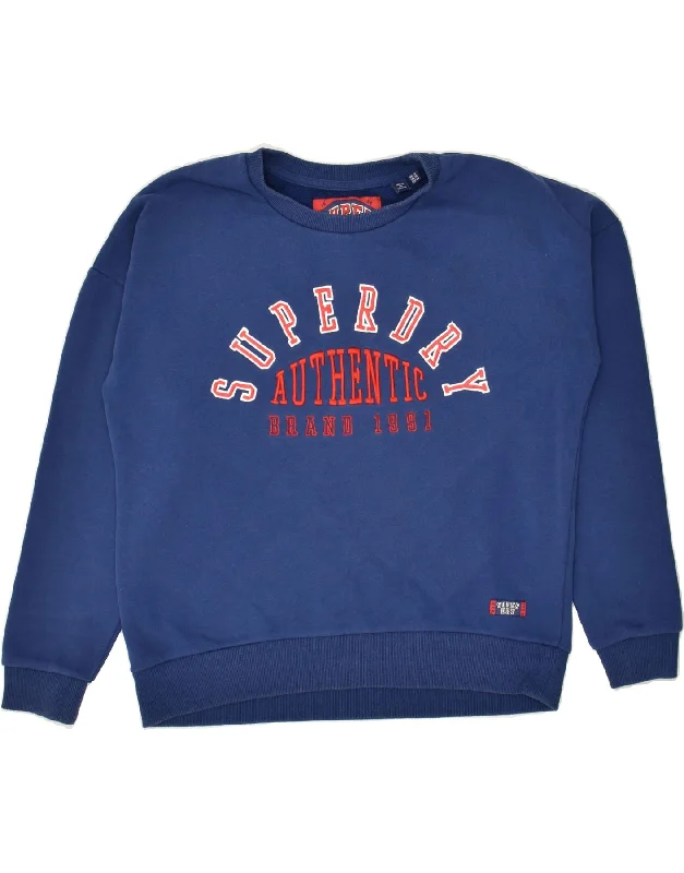 SUPERDRY Womens Graphic Sweatshirt Jumper UK 14 Large Navy Blue Cotton Hoodie with Hem Frayed Vintage Worn