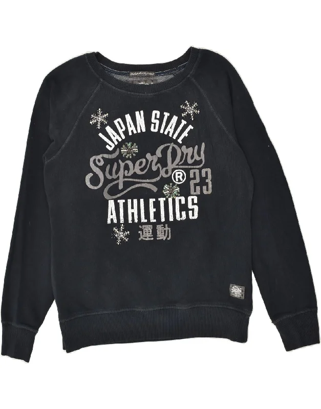 SUPERDRY Womens Graphic Sweatshirt Jumper UK 14 Medium Navy Blue Cotton Hoodie with Drawcord Adjustable Secure