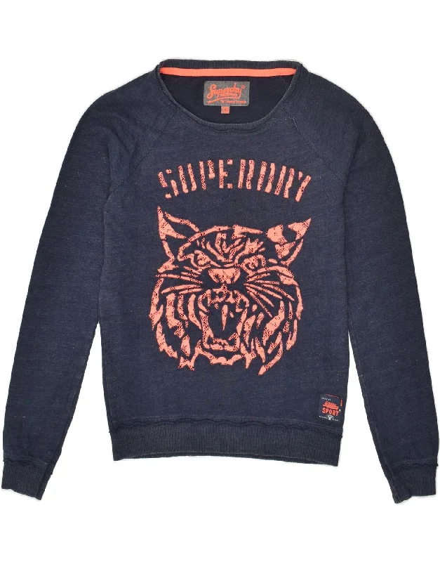 SUPERDRY Womens Graphic Sweatshirt Jumper UK 6 XS Navy Blue Animal Print Hoodie with High Neck Warm Protective