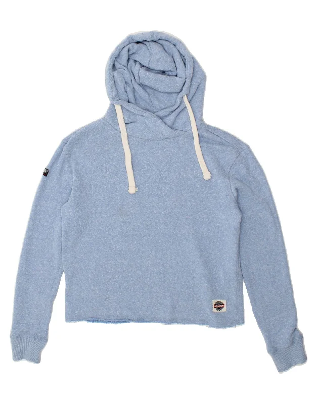 SUPERDRY Womens Hoodie Jumper UK 10 Small Blue Cotton Hoodie with Hem Applique Textured Unique