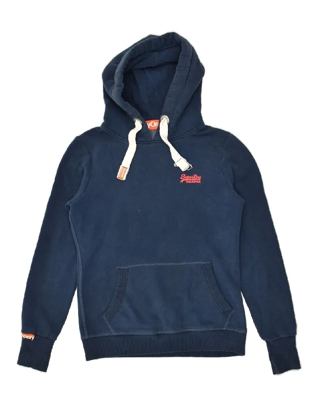 SUPERDRY Womens Hoodie Jumper UK 10 Small Navy Blue Cotton Hoodie with Print Artistic Unique