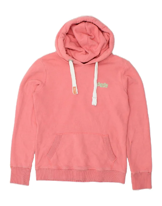 SUPERDRY Womens Hoodie Jumper UK 14 Large Pink Cotton Hoodie with Hem Lace Feminine Delicate