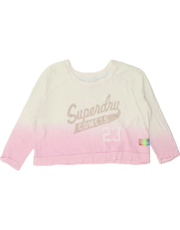 SUPERDRY Womens Oversized Crop Graphic Sweatshirt Jumper UK 14 Medium Pink Hoodie with High-Low Hem Asymmetrical Trendy