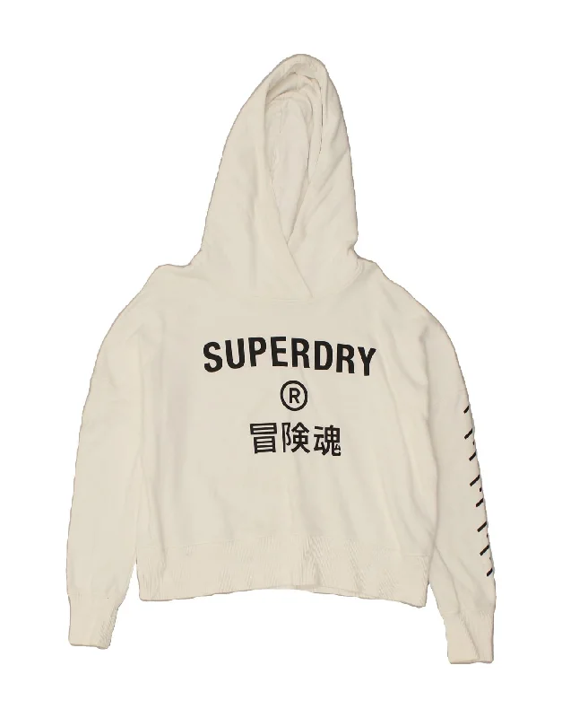 SUPERDRY Womens Oversized Graphic Hoodie Jumper UK 10 Small White Hoodie with Button Placket Classic Preppy