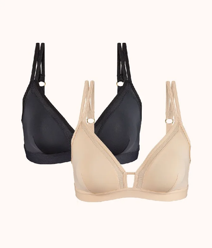 The Mesh Trim Padded Bra Bundle: Toasted Almond/Jet Black Breathable Wireless Bra