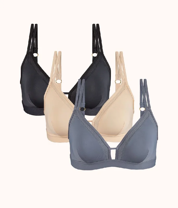 The Mesh Trim Padded Bra Trio: Toasted Almond/Jet Black/Smoke Wireless Lace Bra