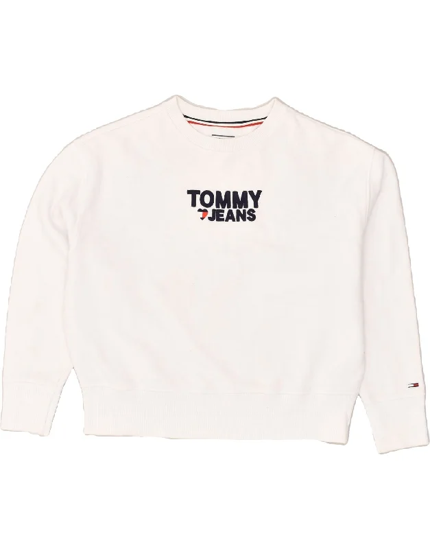 TOMMY HILFIGER Womens Oversized Sweatshirt Jumper UK 14 Medium White Hoodie with Logo Branding Identity