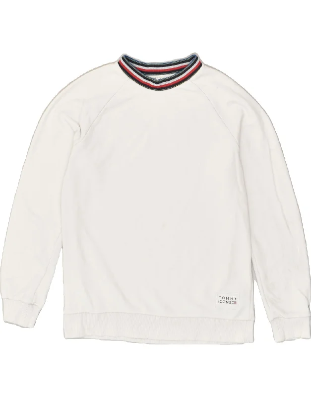 TOMMY HILFIGER Womens Sweatshirt Jumper UK 16 Large White Cotton Hoodie with Hem Applique Textured Unique