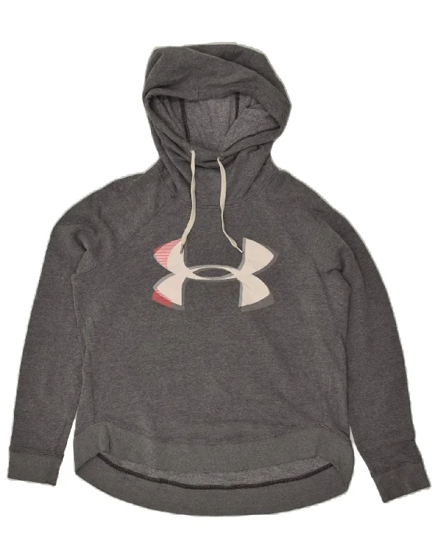 UNDER ARMOUR Womens Graphic Hoodie Jumper UK 14 Medium Grey Hoodie with Hem Contrast Bold Stylish