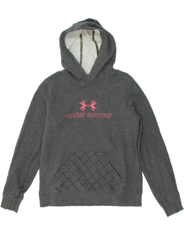 UNDER ARMOUR Womens Graphic Hoodie Jumper UK 14 Medium Grey Cotton Hoodie with Color Block Contrast Stylish