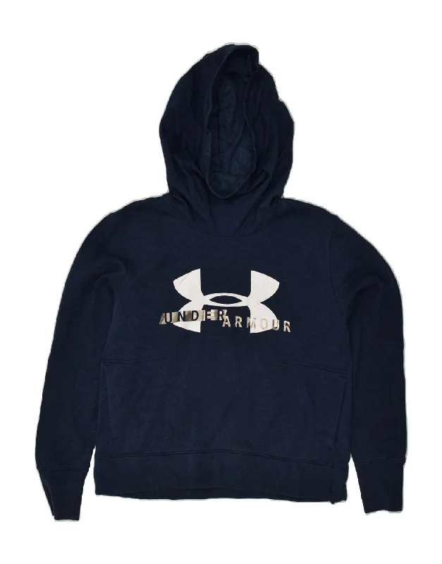 UNDER ARMOUR Womens Graphic Hoodie Jumper UK 14 Medium Navy Blue Cotton Hoodie with Bell Sleeves Flared Feminine