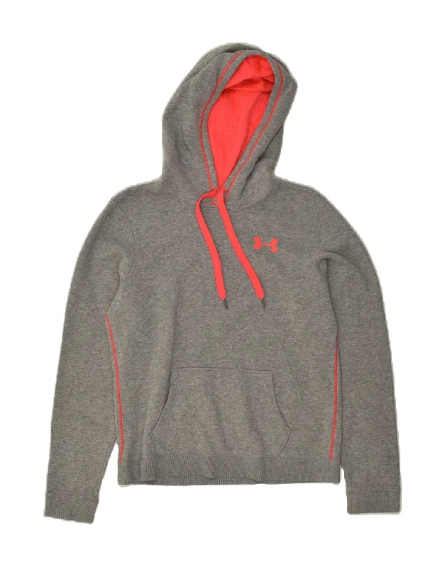 UNDER ARMOUR Womens Hoodie Jumper UK 10 Small Grey Cotton Hoodie with Embroidery Detailed Premium