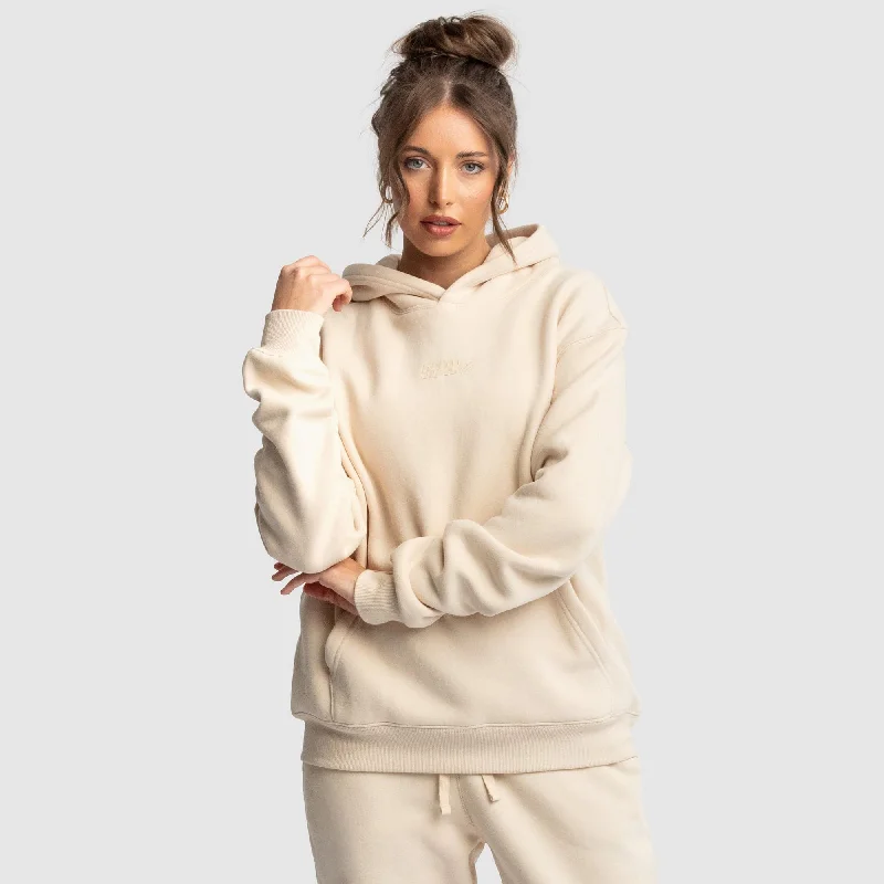 Women's DYVN Relaxed Fit Hoodie - Cream Hoodie with Hem Embroidery Detailed Premium