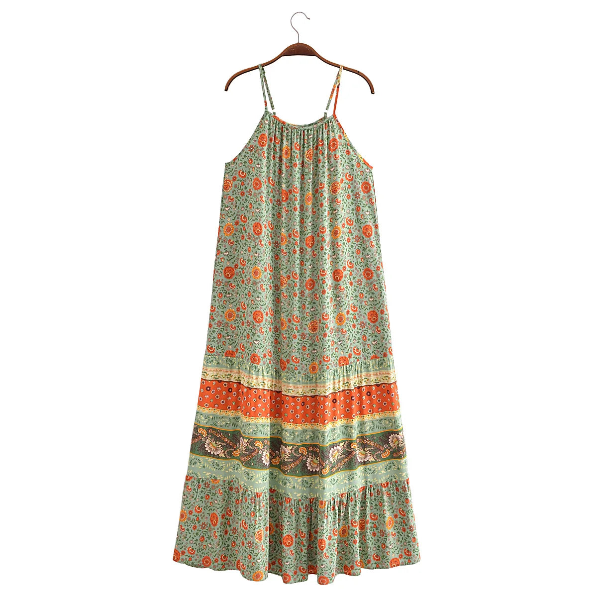 Green Whimsy Boho Floral Print Maxi Dress Stylish Pleated A-Line Maxi Dress