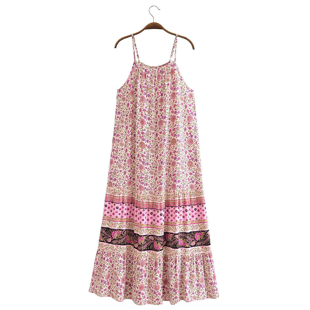 Pink Whimsy Boho Floral Print Maxi Dress Fashionable Off-Shoulder Maxi Dress