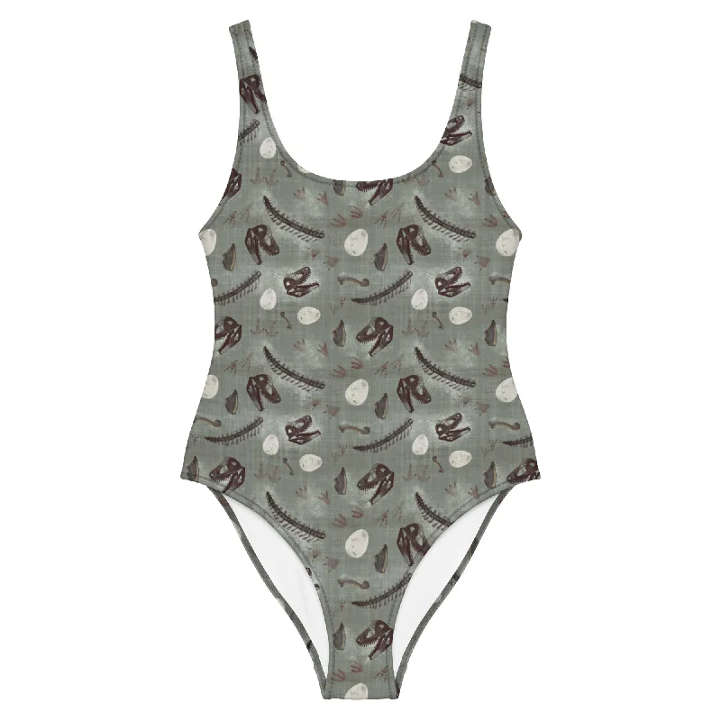 Ancient Relics - Women's Dinosaur One-Piece Swimsuit High-Waisted Swim Bottoms