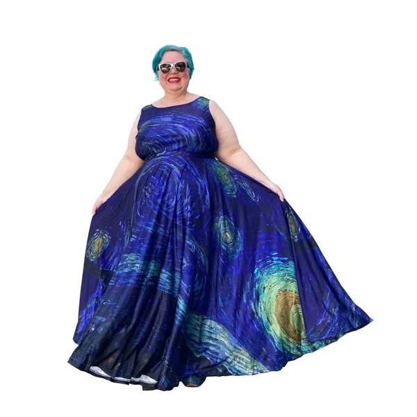 Art Series: Plus Size Sleeveless Starry Night Maxi Dress with Fitted Bodice and Voluminous Circle Skirt Stylish Button-Up Maxi Dress