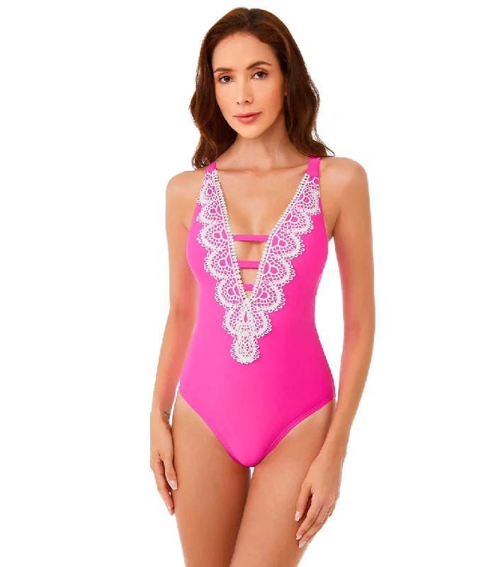 BCA by Rebecca Virtue Destination Crochet Plunge Neck One Piece Swimsuit Magenta Rose Elegant Ruffled Bikini