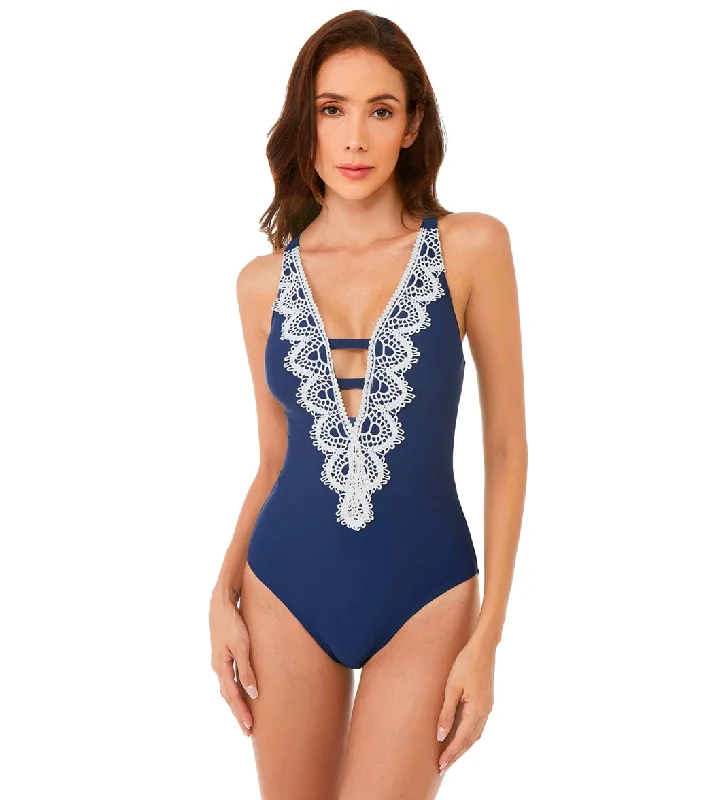 BCA by Rebecca Virtue Destination Crochet Plunge Neck One Piece Swimsuit Navy Sporty Swimwear Bottoms