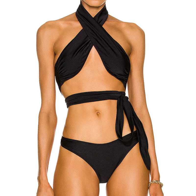 Black Crossed Bandage Women Bikini Swimsuits Crisscross Back Swimsuit