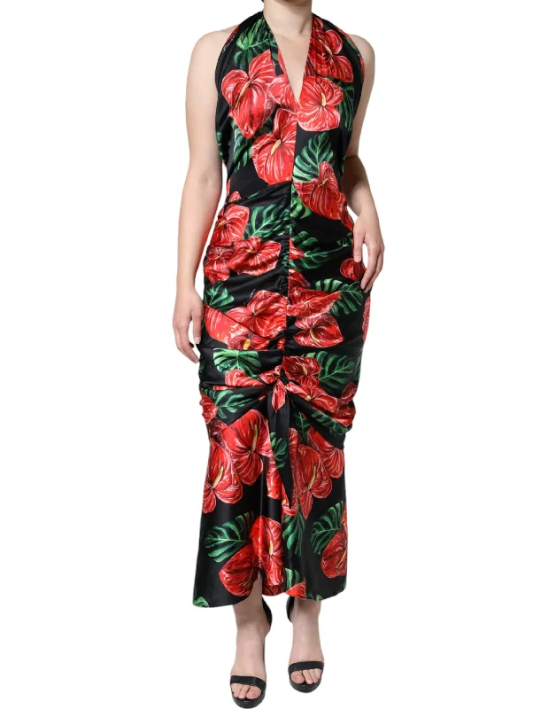 Black Tropical Floral Sheath Maxi Dress Cozy Longline Maxi Dress