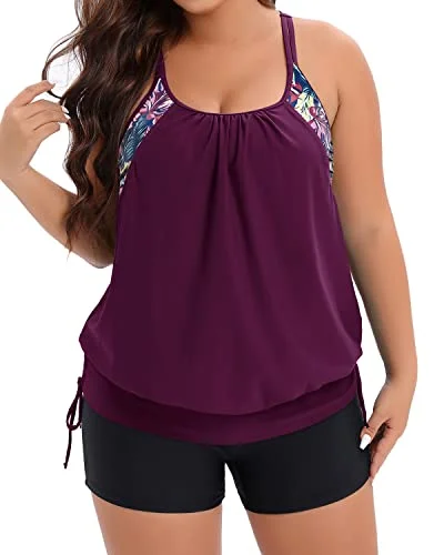 Blouson Tankini Top & Boy Shorts Plus Size Two Piece Swimsuit For Women-Wine Red Leaves Adjustable Swim Top