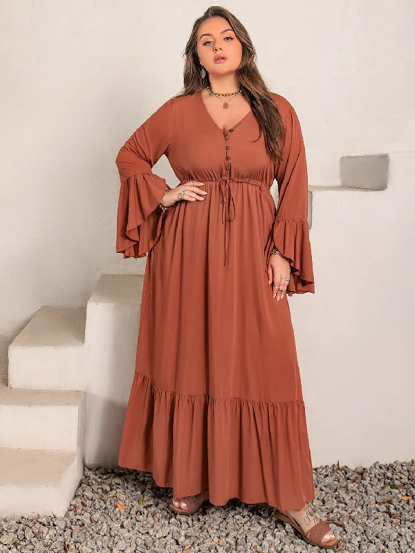 Blue Zone Planet |  Plus Size V-Neck Flare Sleeve Maxi Dress Stylish Maxi Dress with Pleats