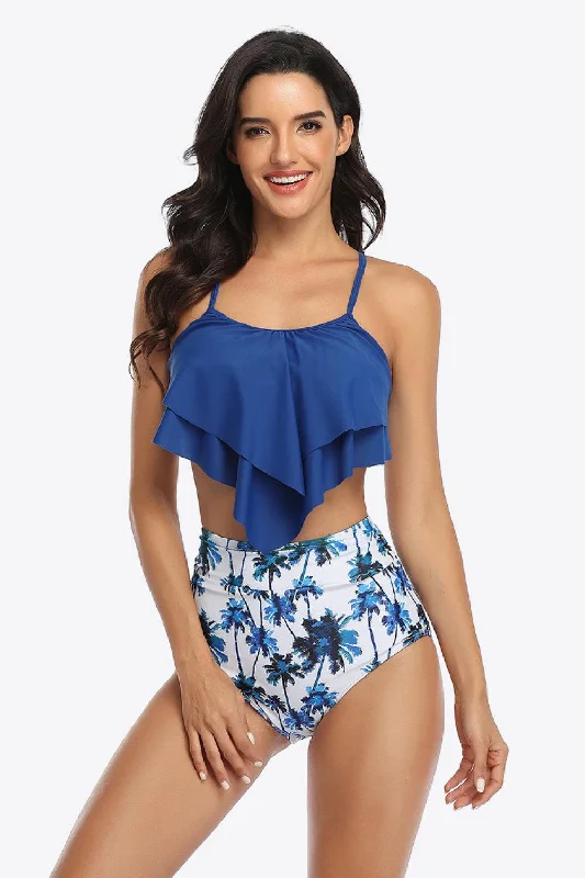 Botanical Print Ruffled Two-Piece Swimsuit High-Waisted Swim Bottoms