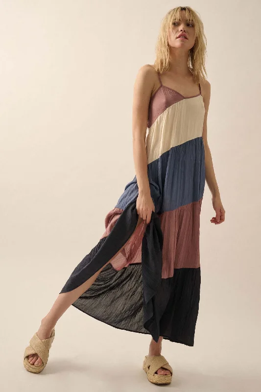 Buena Vista Colorblock Satin Tiered Maxi Dress Comfortable Fitted Maxi Dress