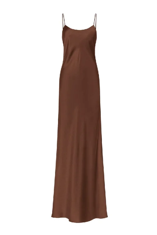 CAROLYN CHOCOLATE SCOOP-NECK SILK SATIN MAXI DRESS Cozy Maxi Dress with Slit