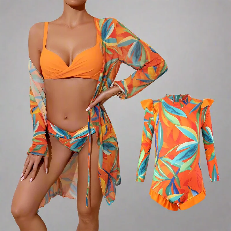 Chic Family Bonding - Mother & Daughter Matching Swimsuit Set with Long-Sleeved Cover-Up Tie-Back Swimwear