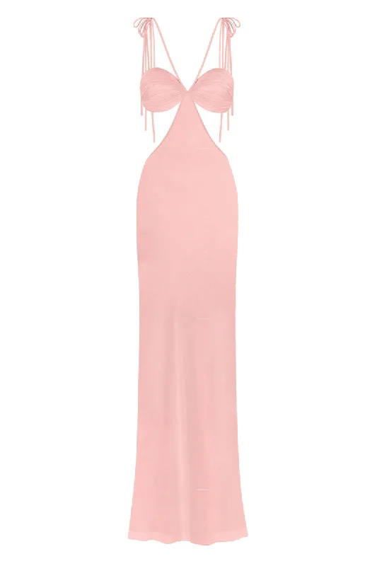 CLASSIC CUT-OUT SHEER MAXI DRESS IN SALMON PINK Elegant Silk Maxi Dress