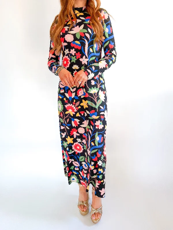 Retro Floral Knit Maxi Dress Trendy Short Sleeve Maxi Dress