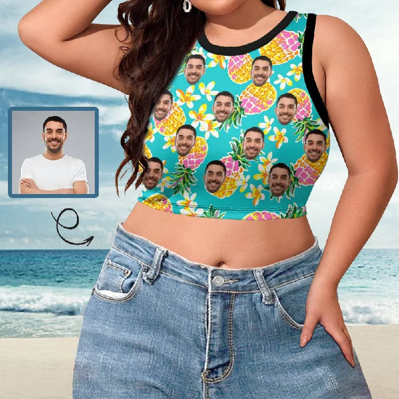Personalized Face Tank Top Pineapple Women's High Neck Crop Top Swimsuits Bustier Bold Swimsuit Design