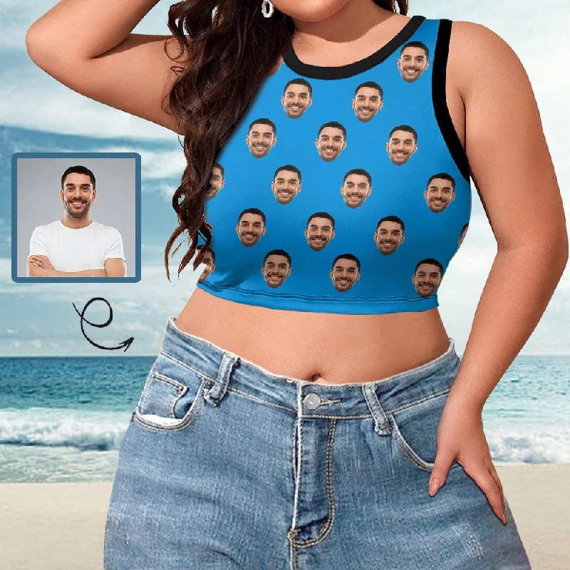 Custom Face Tank Top Blue Women's High Neck Crop Top Design Swimsuits Bustier for Female Classic Monokini Design Custom Face Tank Top Blue Women's High Neck Crop Top Design Swimsuits Bustier for Female Classic Monokini Design