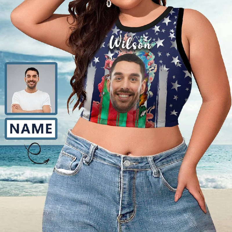 Custom Name&Face Colorful Flag Tops Women's High Neck Crop Top Swimsuits Bustier for Independence Day Tropical Print One-Piece