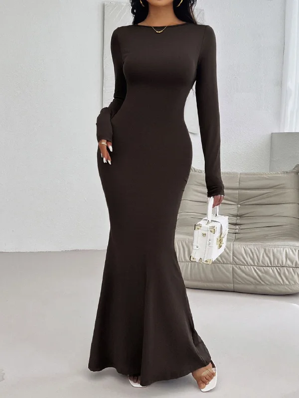 Devine Backless Round Neck Long Sleeve Maxi Dress Comfortable Maxi Dress with Slits