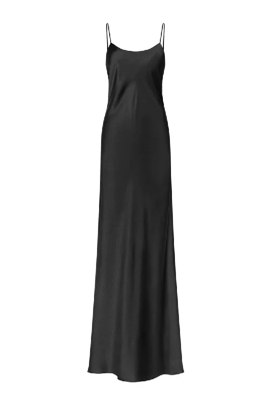 DEVON BLACK LOW BACK SILK SATIN MAXI DRESS IN BLACK Chic Summer Maxi Dress