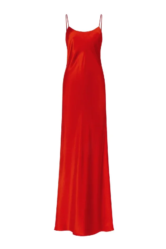 DEVON CHILI LOW BACK SILK SATIN MAXI DRESS IN RED Trendy Floral Print Maxi Dress