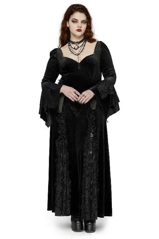 Elegant Gothic Lace Maxi Dress with Bat Neckline Fashionable Chiffon Tiered Maxi Dress