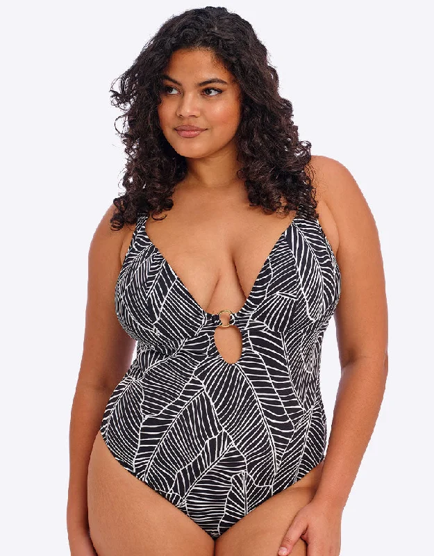 Elomi Kata Beach Non Wired Plunge Swimsuit Black Print Floral Bikini Top