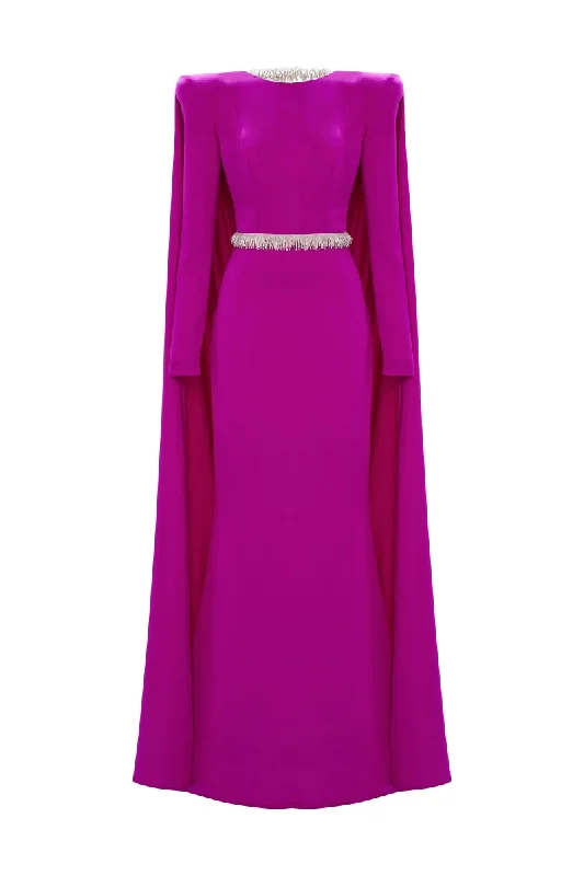 EMBROIDERED BACKLESS CAPE MAXI DRESS IN FUCHSIA PURPLE Fashionable Asymmetrical Maxi Dress