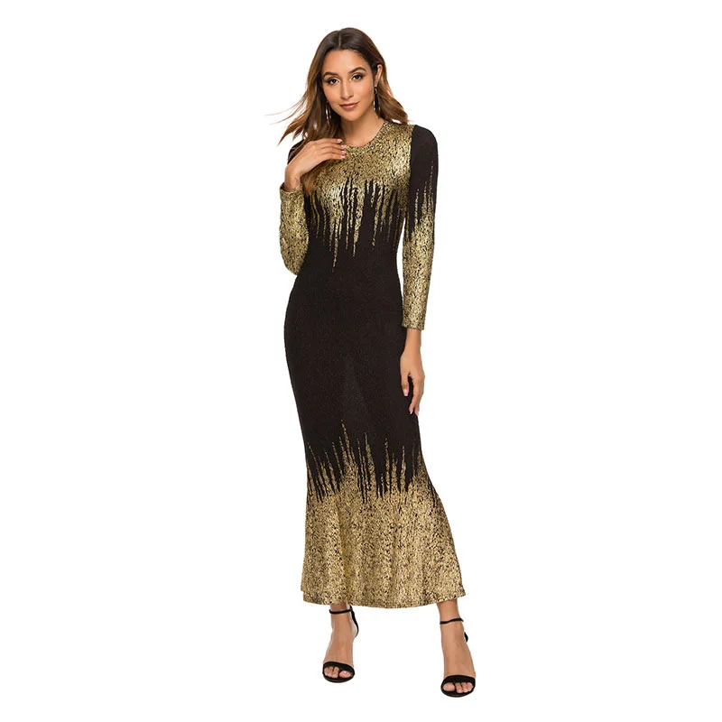 Fashion Sequins Round Collar Long-Sleeve Slim Maxi Dress Comfortable T-Shirt Maxi Dress