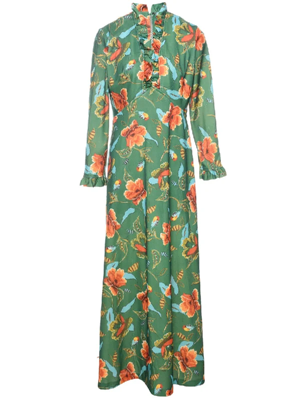 Floral Print High-Neck 1970s Ruched Detail Maxi Dress - L Fashionable Sleeveless Maxi Dress