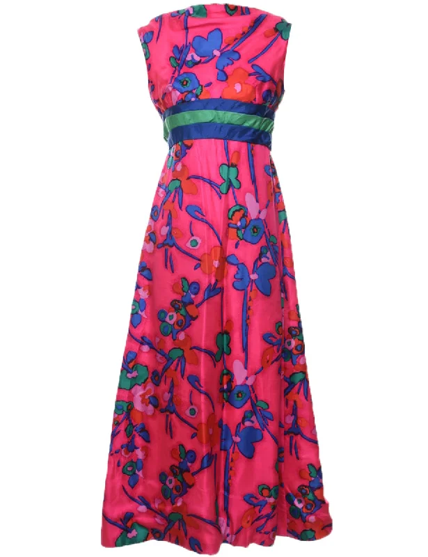 Floral Print Hot Pink 1970s Maxi Dress - S Chic Button-Up Maxi Dress