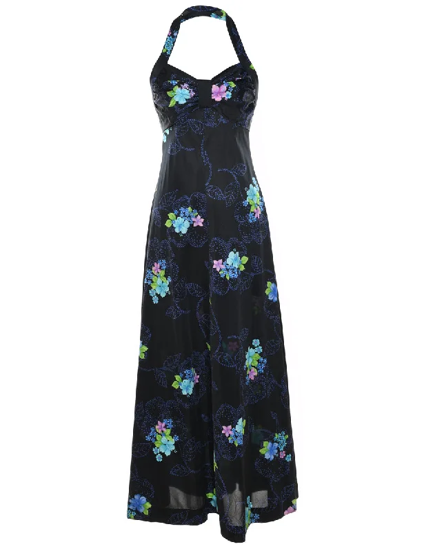 Floral Print Navy Halterneck 1970s Maxi Dress - S Elegant Maxi Dress with Belt