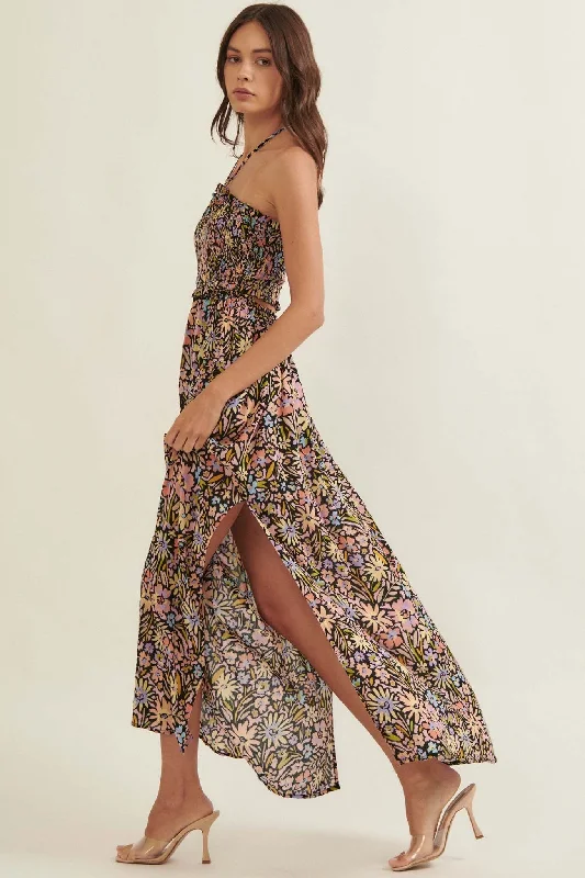 Flower Bomb Floral-Print Smocked Halter Maxi Dress Chic Button-Up Maxi Dress