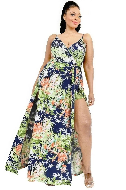 Plus Tropical Leaf Print Surplice Maxi Dress Classic Strapless Maxi Dress