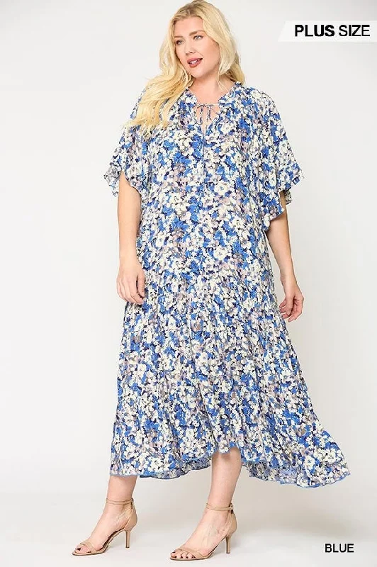 Floral Frill Detail Flowy Maxi Dress With Neck Tie Stylish Empire Waist Maxi Dress